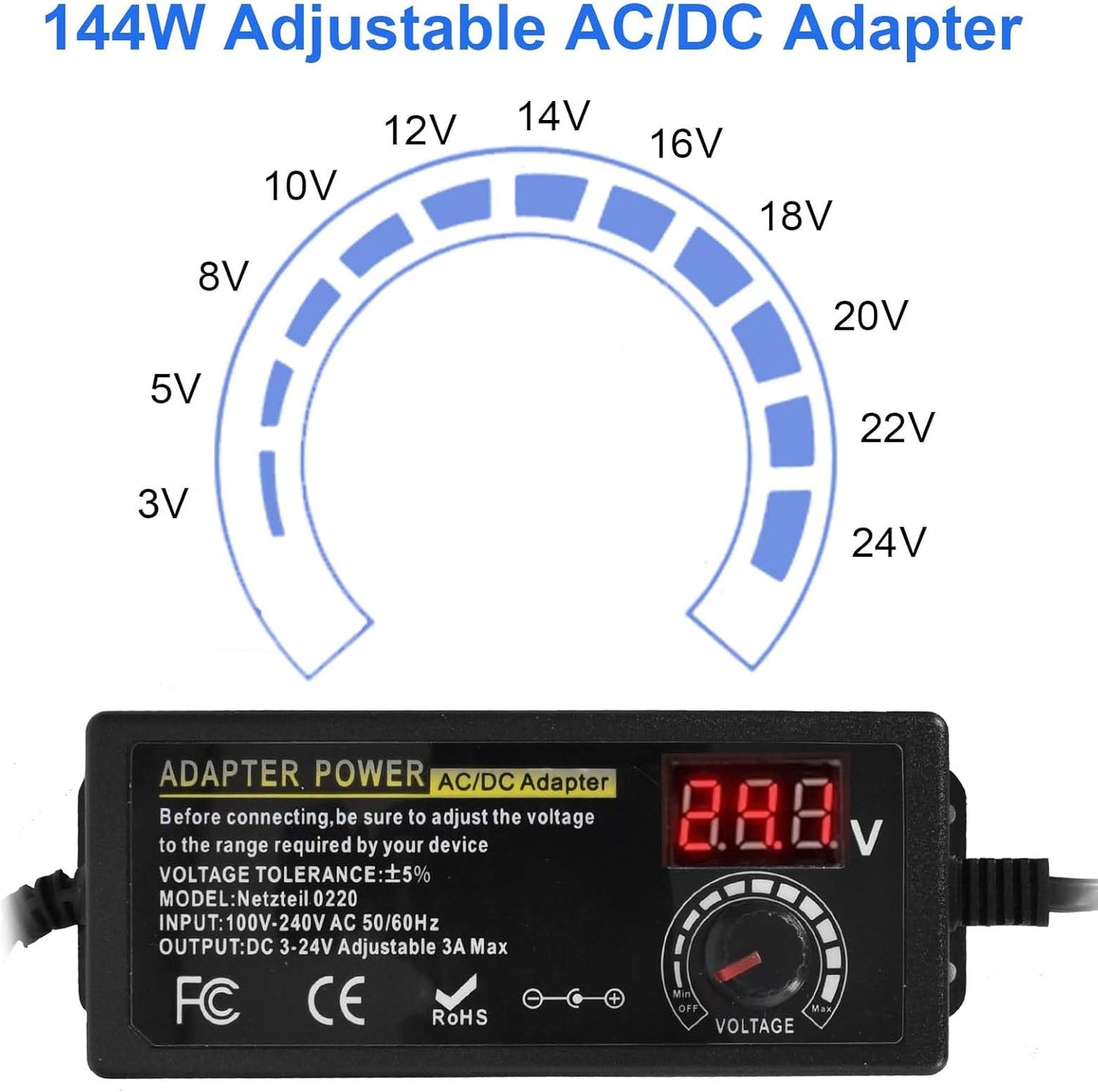 Adjustable Power Adapter 3V-24V 5A 120W, Universal AC/DC 100V-240V AC to DC Adapter with 14 Tips and Polarity Converter for Home Electronics and USB Devices – 3A Max
