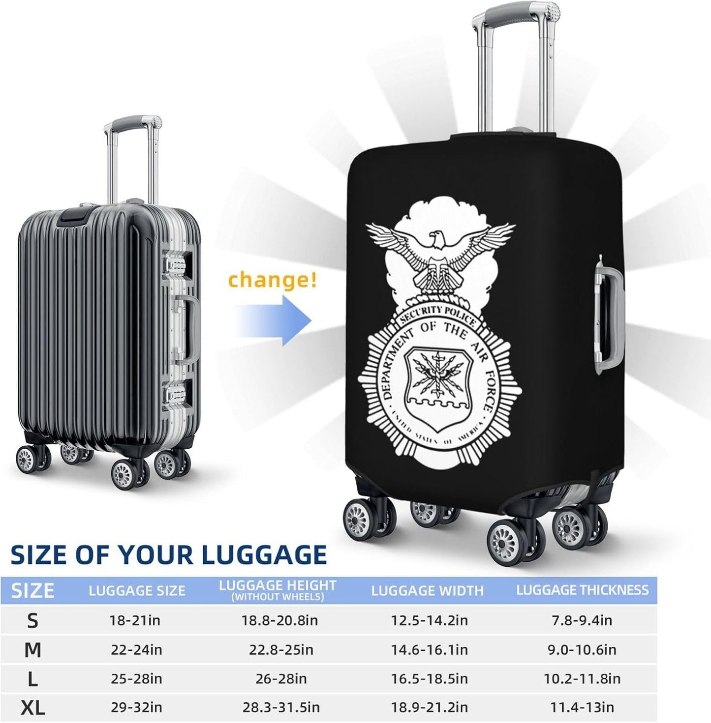 CRJSNYEAG USAF Security Forces Luggage cover Protective cover Anti-scratch luggage cover Fits 18-32 inch luggage, Black, Small
