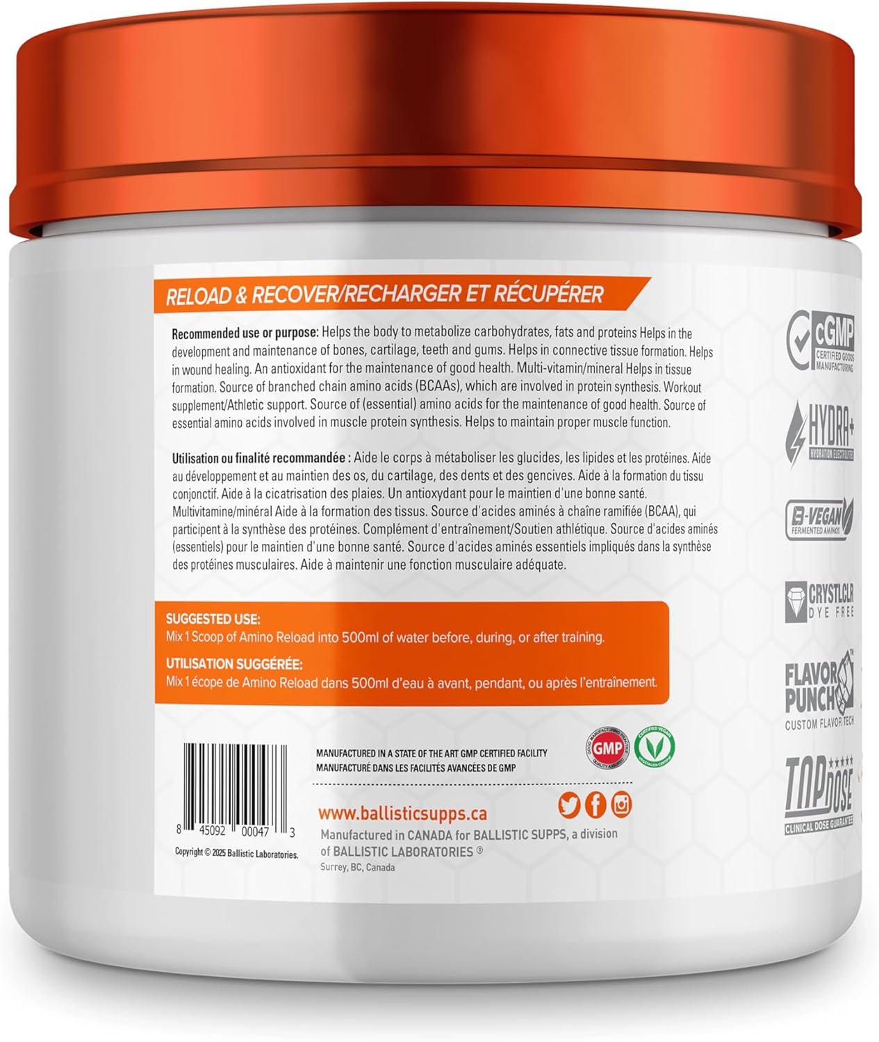Ballistic Amino Reload | Amino Acid & Electrolyte Powder | 7g EAAs, 6g BCAAs, 235mg Electrolytes | Essential Amino Acid Recovery Support & Electrolytes for Hydration | 30 Servings (Peach Mango)