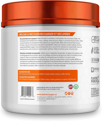 Ballistic Amino Reload | Amino Acid & Electrolyte Powder | 7g EAAs, 6g BCAAs, 235mg Electrolytes | Essential Amino Acid Recovery Support & Electrolytes for Hydration | 30 Servings (Peach Mango)