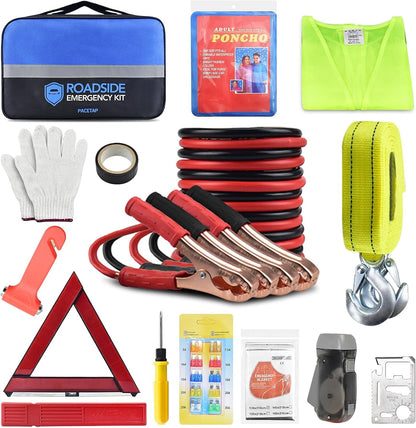 PACETAP Car Roadside Emergency Kit, Essential Auto Safety Road Side Assistance Tool Kit with Jumper Cables, Rain Coat, Tow Strap, Triangle and More Winter Vehicle Accessories