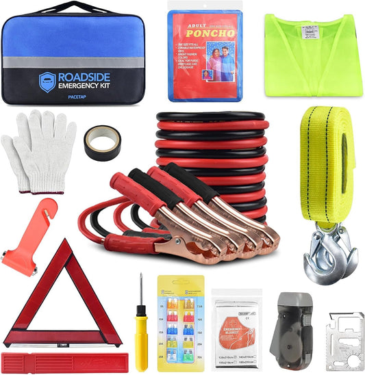 PACETAP Car Roadside Emergency Kit, Essential Auto Safety Road Side Assistance Tool Kit with Jumper Cables, Rain Coat, Tow Strap, Triangle and More Winter Vehicle Accessories
