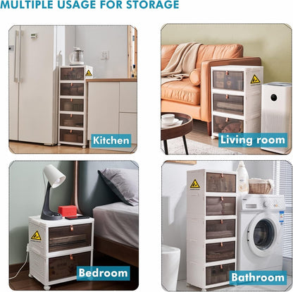 Stackable Storage Bins with Lids, Collapsible Closet Organizers and Storage Bin with Wheels, Foldable Organization Bins for Cabinet, Plastic Containers for Home (White-5 Tier)