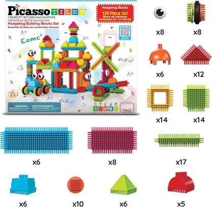 PicassoTiles 120 Piece Hedgehog Interlocking Building Blocks Tiles Construction Toy Set Brush Learning Playset STEAM Toddlers Development Preschool Kindergarten Toys for Kids Boys Girls Age 3+ PTB120
