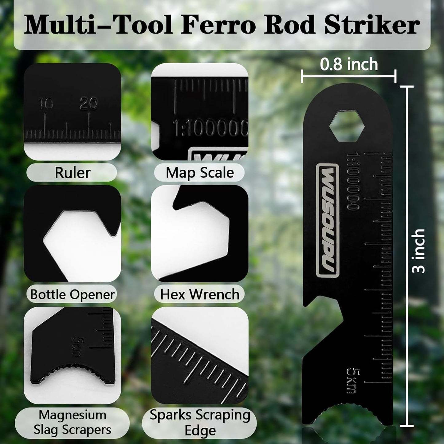 Flint and Steel Lightweight Ferro Rod Fire Starter Survival Tool Lanyard Handle Flint Fire Starter Kit with Multi-Tool Ferro Rod Striker, Survival Whistle, Fire Starter Rope, and Carabiner for Camping