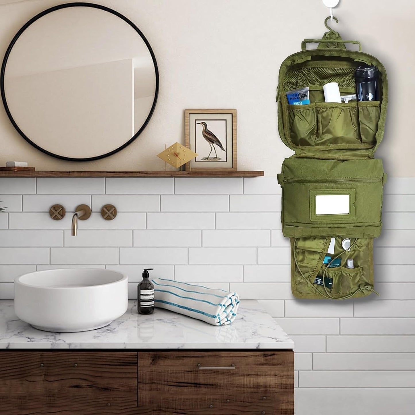 SMONT Mens Toiletry Travel Bag With Double Side full Open Design Travel Toiletry Organizer Dopp Kit Shaving Hygiene Bag Bathroom Hanging Toiletry Bag for Short Trips Tactical Toiletry Bag, Army Green