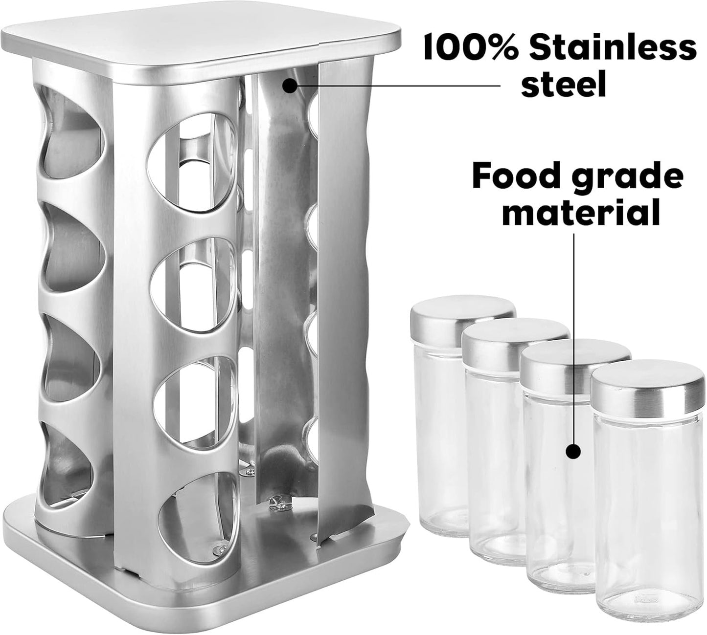 Countertop Revolving Spice Rack, 16-Jars Stainless Steel Spice Rack Organizer, Square Carousel Spice Rack Tower, Seasoning Storage Organization for Kitchen Home Dried Herbs