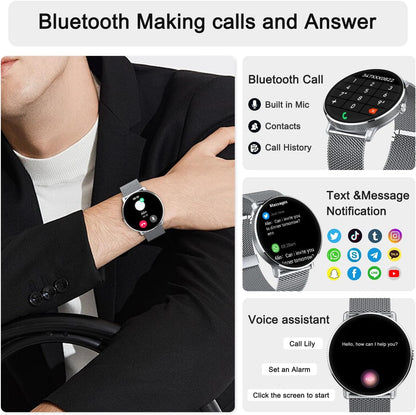 Smartwatch Men Women Fitness Watch: Bluetooth Call Answer Handsfree Waterproof Digital Smart Watch Tracker Heart Rate Monitor Pedometer Spo2 Calorie Sports for Android iOS Silver17