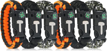 6 Pack Paracord Survival Bracelet, multitools, fire starter, compass, and whistle. Perfect for hiking, camping, fishing and hunting gear emergency kit.(Orange and black, black, army green, 2 pieces each)