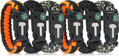 6 Pack Paracord Survival Bracelet, multitools, fire starter, compass, and whistle. Perfect for hiking, camping, fishing and hunting gear emergency kit.(Orange and black, black, army green, 2 pieces each)