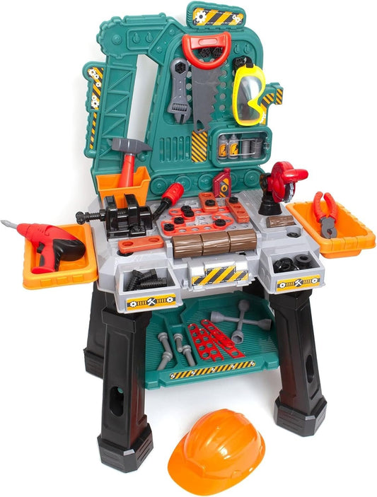Amazon Basics Kids Workbench Construction Toy Tool Set Playset with 80+ Pieces Including Tools, Accessories, Play Helmet & Play Safety Goggles, for Kids Ages 3 and Up