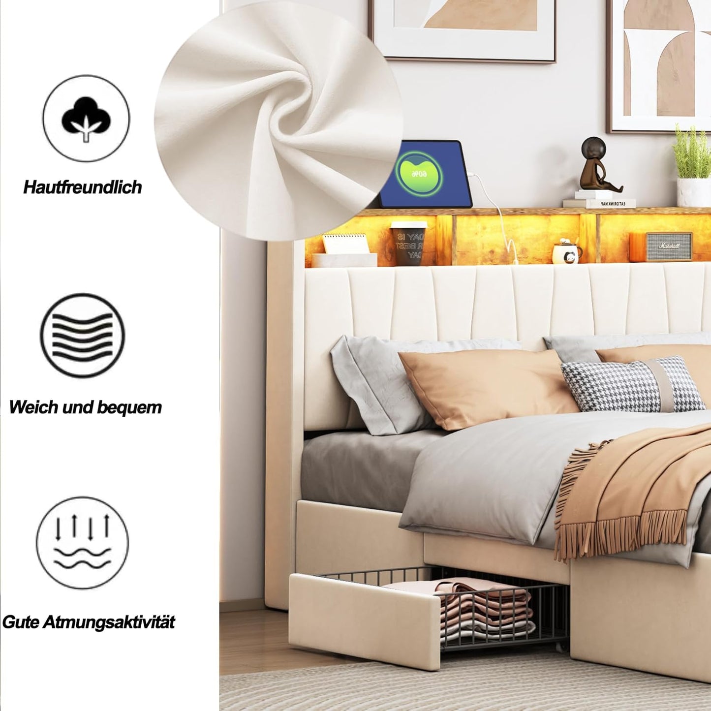 BRILVERDE Upholstered Bed, 160 x 200 cm, Double Bed with 4 Drawers and Slatted Base, LED Headboard with Storage, USB Charging Function, Velvet, Beige (160 x 200 cm)