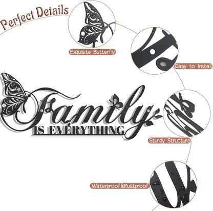 Family Signs Metal Wall Decor, Family Is Everything Word Sign with Butterfly for Home Decor Wall, Black Iron Wall Art Plaque Decorations for Living Room, Dining Room, Bedroom, Housewarming, 17”x6.3” (Family)