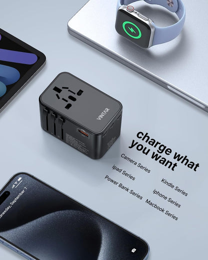 Universal Travel Adapter, VINTAR 100W GaN Power Adapter with 3 USB C PD & 1 USB A QC, All in one Travel Plug Adapter, International Travel Essentials Worldwide for EU/UK/USA/AUS(Type C/G/A/I)