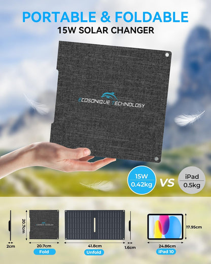 Ecosonique 15W/30W/60W Foldable Solar Charger Panel, Dual USB-A & USB-C Fast Charging, IP67 Waterproof ETFE, Ultra-Light Portable for Camping, Compatible with iPhone, Samsung, Google Pixel, LG