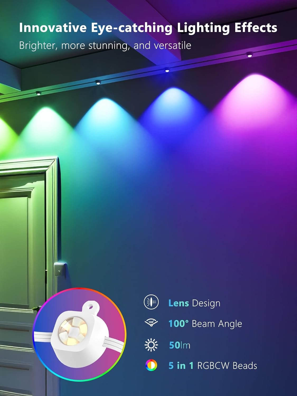 BrizLabs Permanent Outdoor Lights, 100ft 60 LED RGBCW Smart Eave Lights Work with Alexa & Google Assistant, APP Control Smart Lights IP65 Waterproof Under Eave Lighting for Christmas Halloween Easter