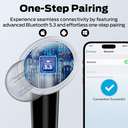 Monster N-Lite 203 AirLinks Wireless Earbuds, Bluetooth 5.3 Headphones with HiFi Stereo, Crystal Clear Call, 30H Playback, IPX6 Waterproof in-Ear Earbuds Earphones