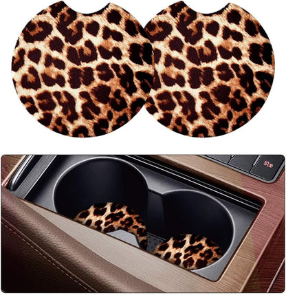 XINLIYA 2 Pack Car Coasters for Drinks Absorbent - 2.75 Inch Cute Car Cup Holder Coasters for Women, Removable Cup Holder Coaster for Car, Car Interior Accessories for Women & Girls (Yellow Leopard)
