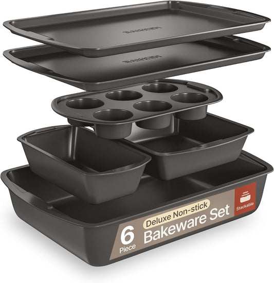 Bakken Swiss - Bakeware Set â€“ 6 Piece â€“ Stackable, Deluxe, Non-Stick Baking Pans for Professional and Home Cooking â€“ Carbon Steel, Gray Coating
