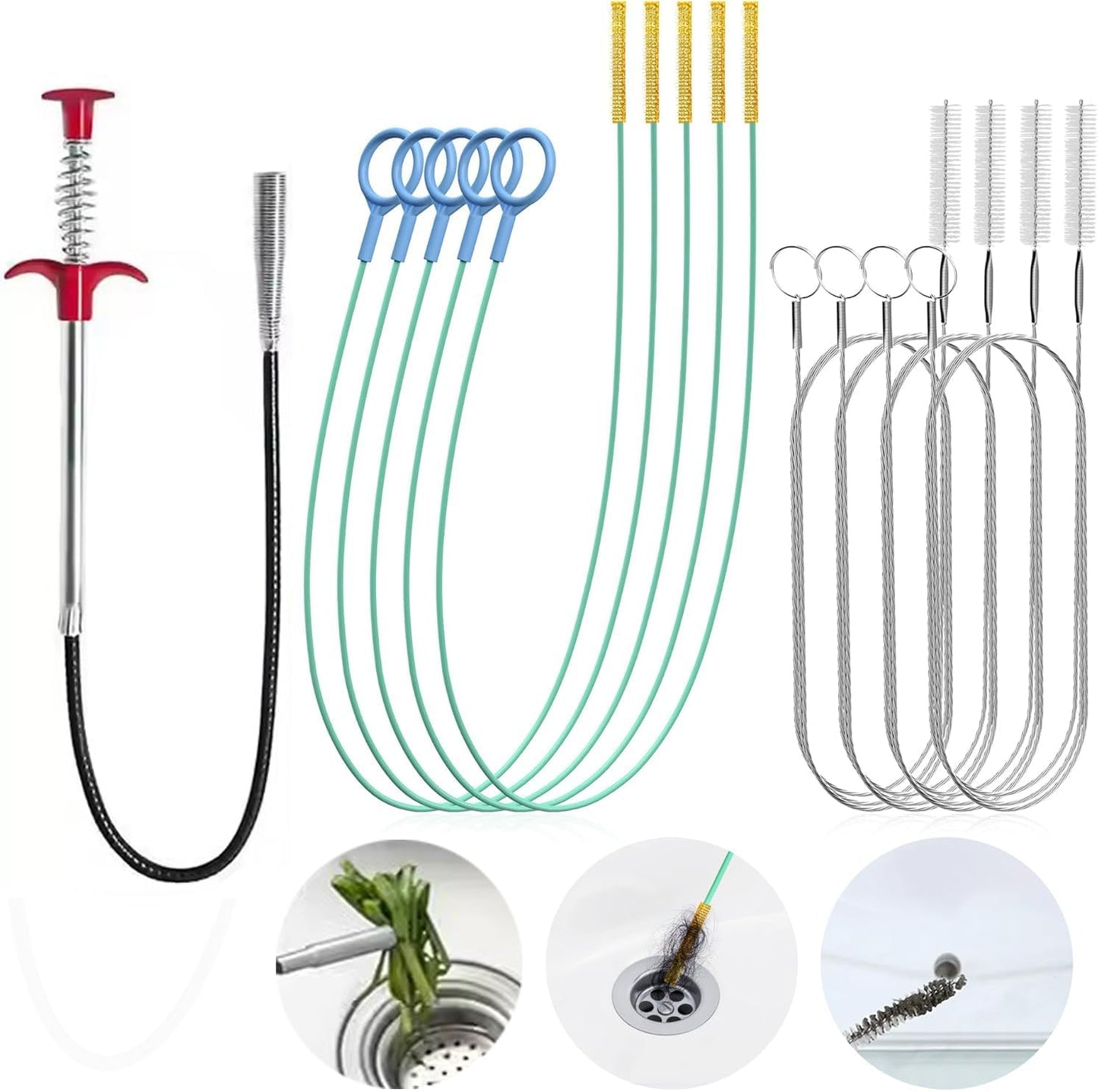 Professional Drain Cleaning Kit - Heavy Duty Pipe Snake, Auger, and Plunger Set for Clogged Sink, Shower, Bathtub, and Toilet - Essential Plumbing Tools for Homeowners (10, Multicolor)