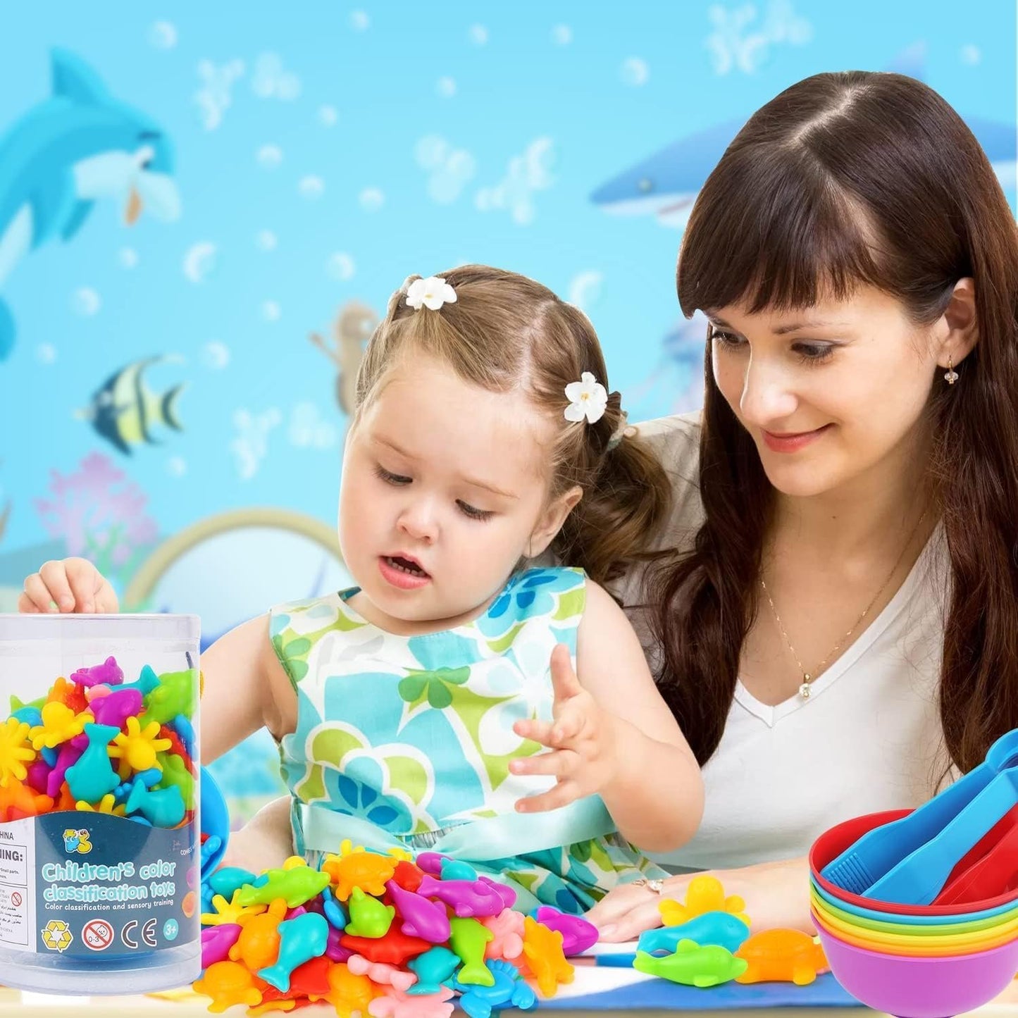 JMANNI Colour Sorting Montessori Toys, Colourful Sea Creatures Counting Educational Toys with Bowls and Tongs, Learning Toys for 3 4 5+ Year Olds Toddlers