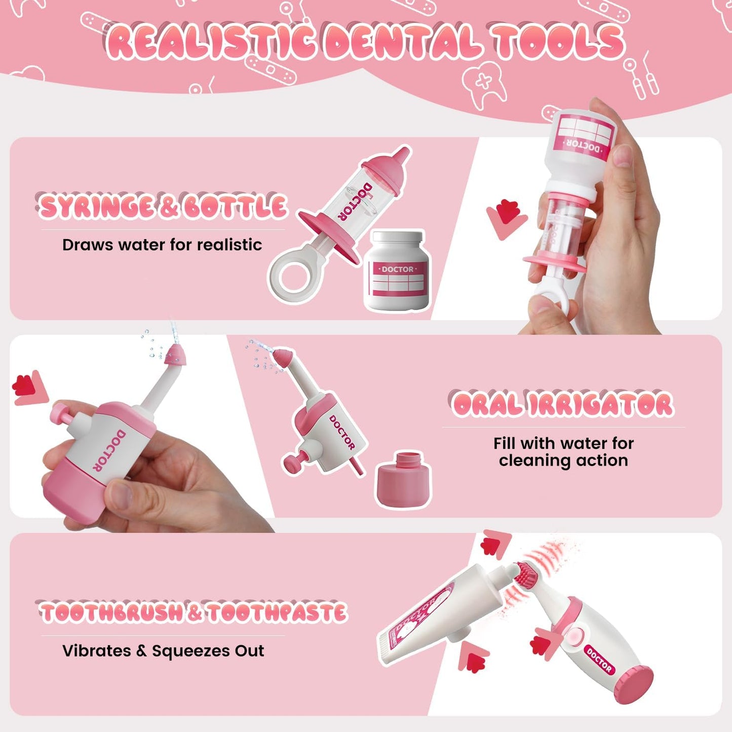 Toy Doctor Kit for Toddlers, Kids Dentist Play Set with Dentist Chair, Doll Toy, Stethoscope, Large Carrying Storage Bag, Dental Accessories, Pretend Doctor Play Medical Gift Kit for Girls Pink