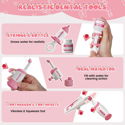 Toy Doctor Kit for Toddlers, Kids Dentist Play Set with Dentist Chair, Doll Toy, Stethoscope, Large Carrying Storage Bag, Dental Accessories, Pretend Doctor Play Medical Gift Kit for Girls Pink