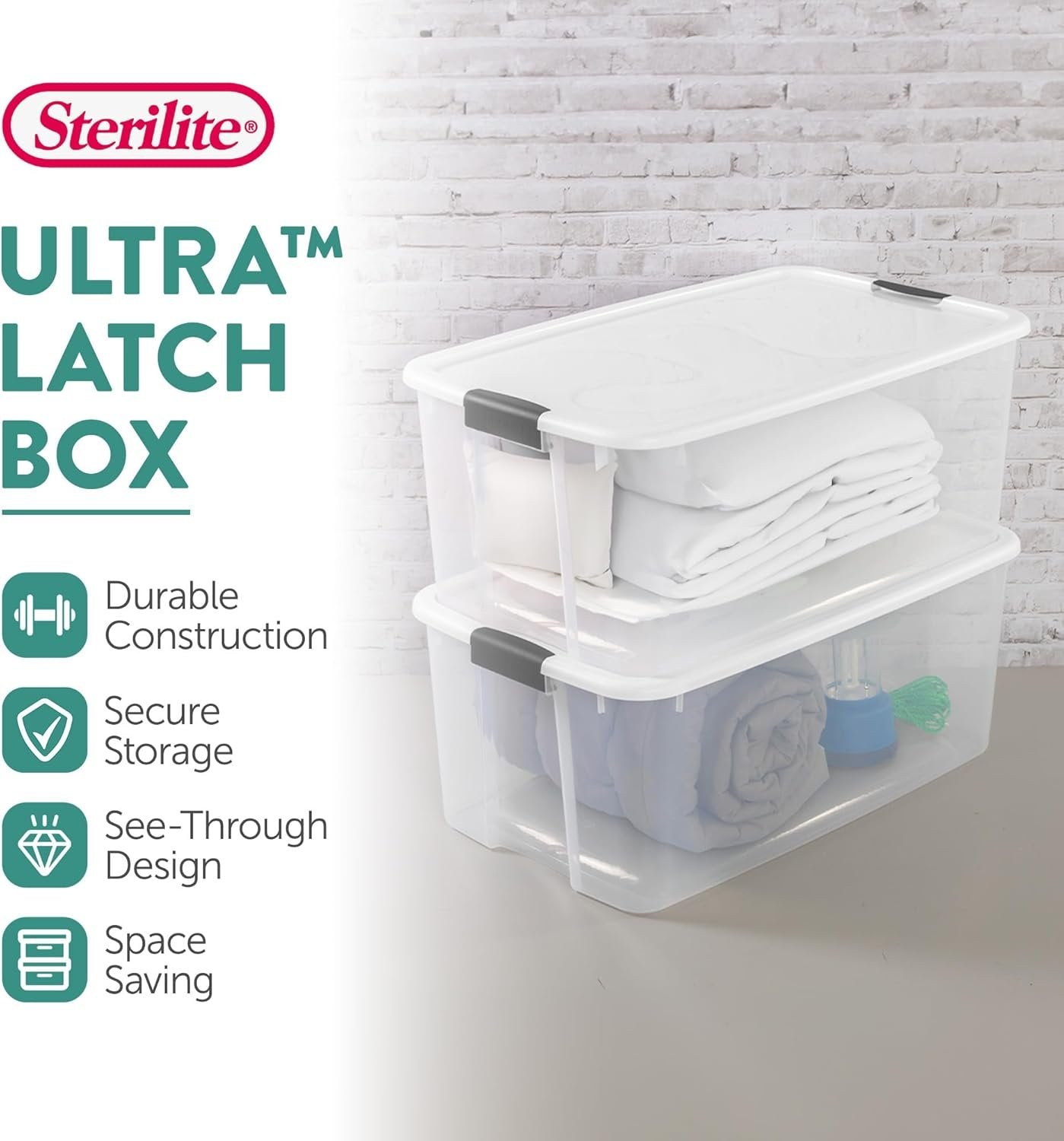 Sterilite 8-Pack Ultra Latching Box, Storage Bins with Lids, Clear Plastic, 116 Quart - Heavy-Duty Organizing Containers for Closet, Bathroom, and Office