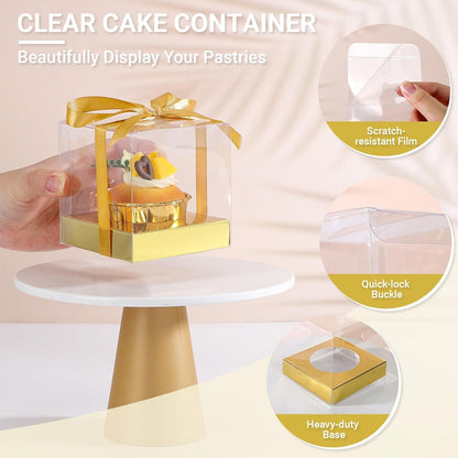 EUSOAR Gold Cupcake Boxes, 12pcs 3.5"x3.5"x3.5" Individual Cupcake Containers with Ribbon and Inserts, Plastic Dessert Muffins Clear Holder Disposable Cake Carrier for Birthday Wedding Party Favor