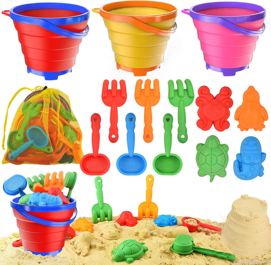 Sand Beach Toys for Kids, 3PCS Collapsible Sand Bucket, Shovel Set, Animal Molds with Big Mesh Bag, Travel Toys forToddlers Boys Girls Outdoor Beach Play Camping Bath Pool Water Play-14PCS