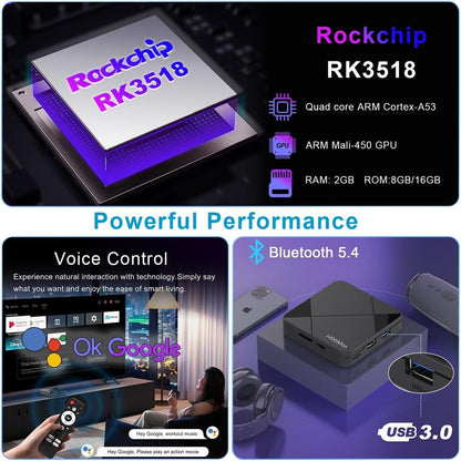 Android 14.0 TV Box, LEFFOT RK3518 4K UHD Streaming Media Player, 2GB RAM + 16GB ROM, Smart TV Box with HDR10, Voice Control, 2.4G & 5G WiFi 6, 100M Ethernet, BT 5.4, USB 3.0, RK3518 Quad Core A53