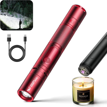 3-in-1 Rechargeable Flashlight with Arc Lighter and Alarm,Multifunctional Rechargeable Flashlight High Lumens,3 in 1 Powerful Tactical Flashlight for Camping (Red)