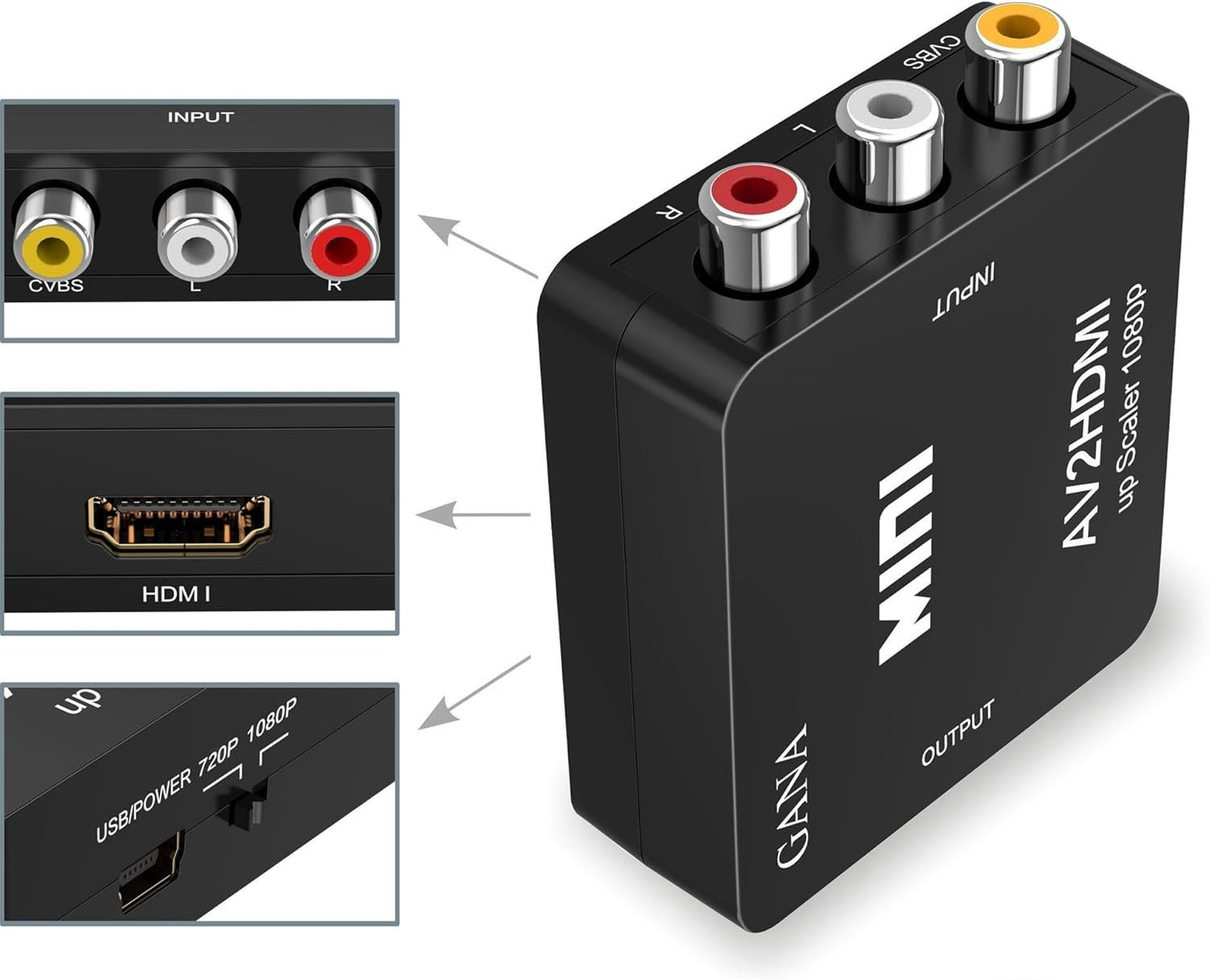 GANA RCA to HDMI, 1080P Mini RCA Composite CVBS AV to HDMI Video Audio Converter Adapter Supporting PAL/NTSC with USB Charge Cable for PC Laptop Xbox PS4 PS3 TV STB VHS VCR Camera DVD