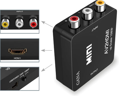 GANA RCA to HDMI, 1080P Mini RCA Composite CVBS AV to HDMI Video Audio Converter Adapter Supporting PAL/NTSC with USB Charge Cable for PC Laptop Xbox PS4 PS3 TV STB VHS VCR Camera DVD