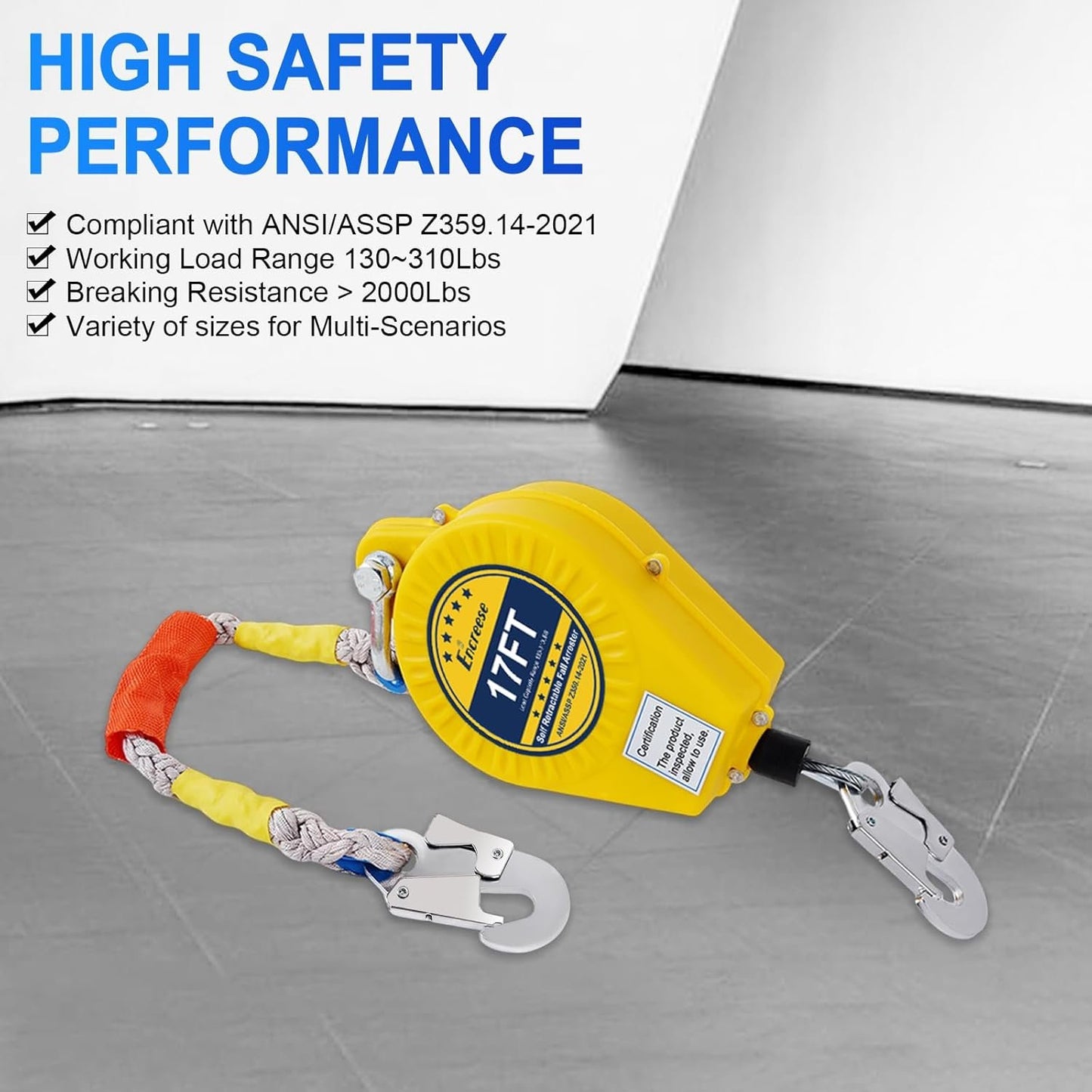 Encreese Self-Retractable Fall Arrester 17FT Double Locking Fall Arrest Protector Fall Protection Gear, Dual Alloy Steel PPE Shell Heavy Duty Hook Cable Wire Rope Roofing Lifeline Safety Lanyard