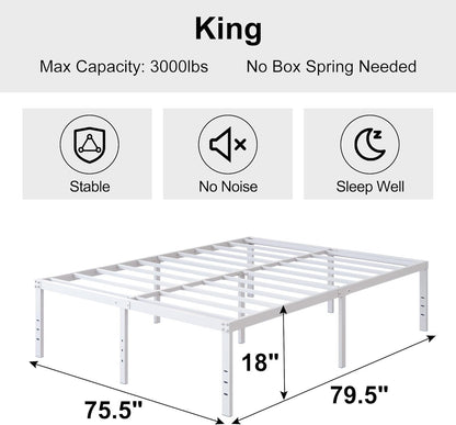 DiaOutro 18 Inch King Bed Frame Heavy Duty Metal Platform No Box Spring Needed, Maximum Storage, Easy Assembly, No Noise, White