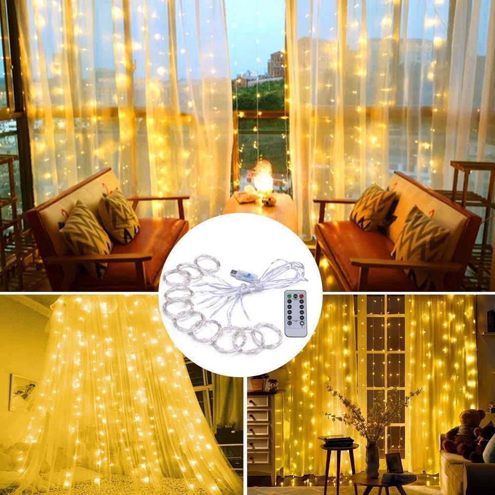 Fairy Curtain Lights, AmazerTec 300 LED Window Curtain String Light Wedding Party Home Garden Bedroom Outdoor Indoor Wall Decorations (Warm White)