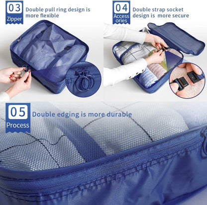 AMAYGA Organizer Suitcase Set of 8, Travel Organizers Cubes Packaging Laundry Bag Compression Bags for Clothes, Cosmetics, Shoes, Underwear (Dark Blue), dark blue