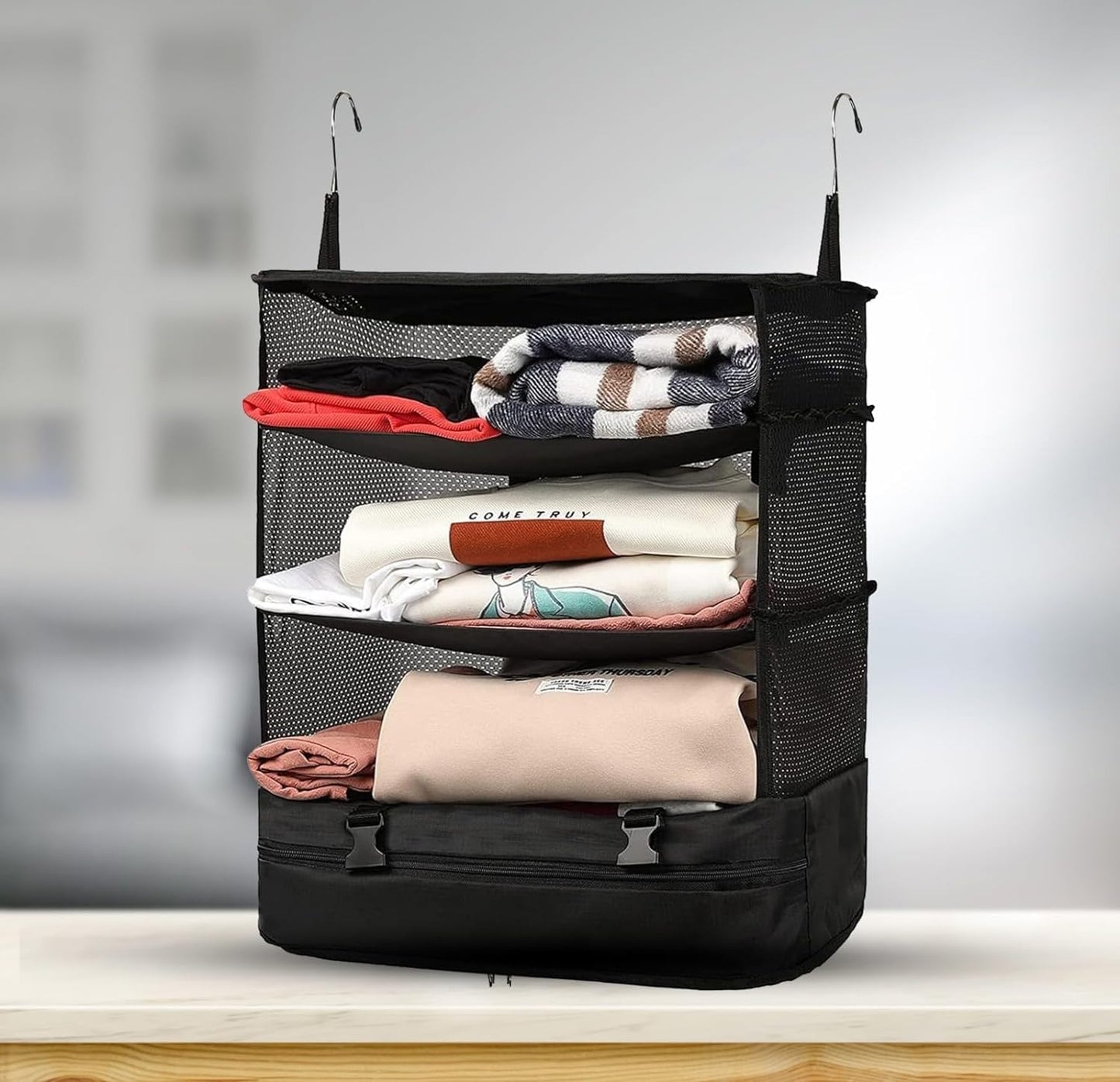 SAHENITEANA 3-Shelf Suitcase Packing Cubes Organizer with 2 Hooks, Portable Hanging Travel Shelves Bag, Large Capacity Collapsible Closet Storage Bag Space Saver for Wardrobe Suitcase Carry On