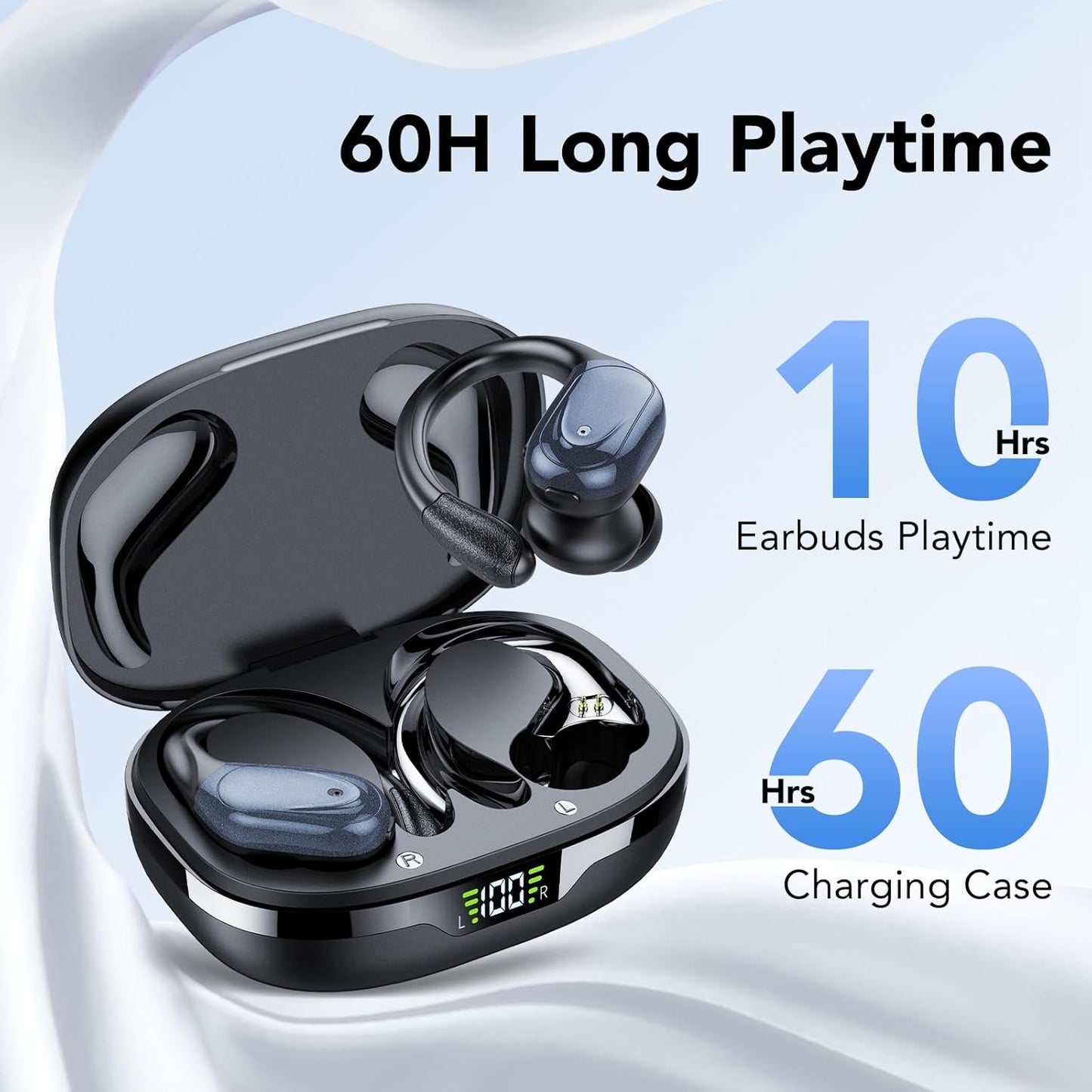 CASCHO Wireless Earbuds Bluetooth Headphones 60Hrs Playtime HD Stereo Audio Digital LED Display Over-Ear Earphones with Earhook Waterproof Headset with Mic for Sport Running Workout (Black)