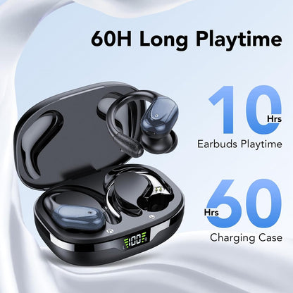 CASCHO Wireless Earbuds Bluetooth Headphones 60Hrs Playtime HD Stereo Audio Digital LED Display Over-Ear Earphones with Earhook Waterproof Headset with Mic for Sport Running Workout (Black)