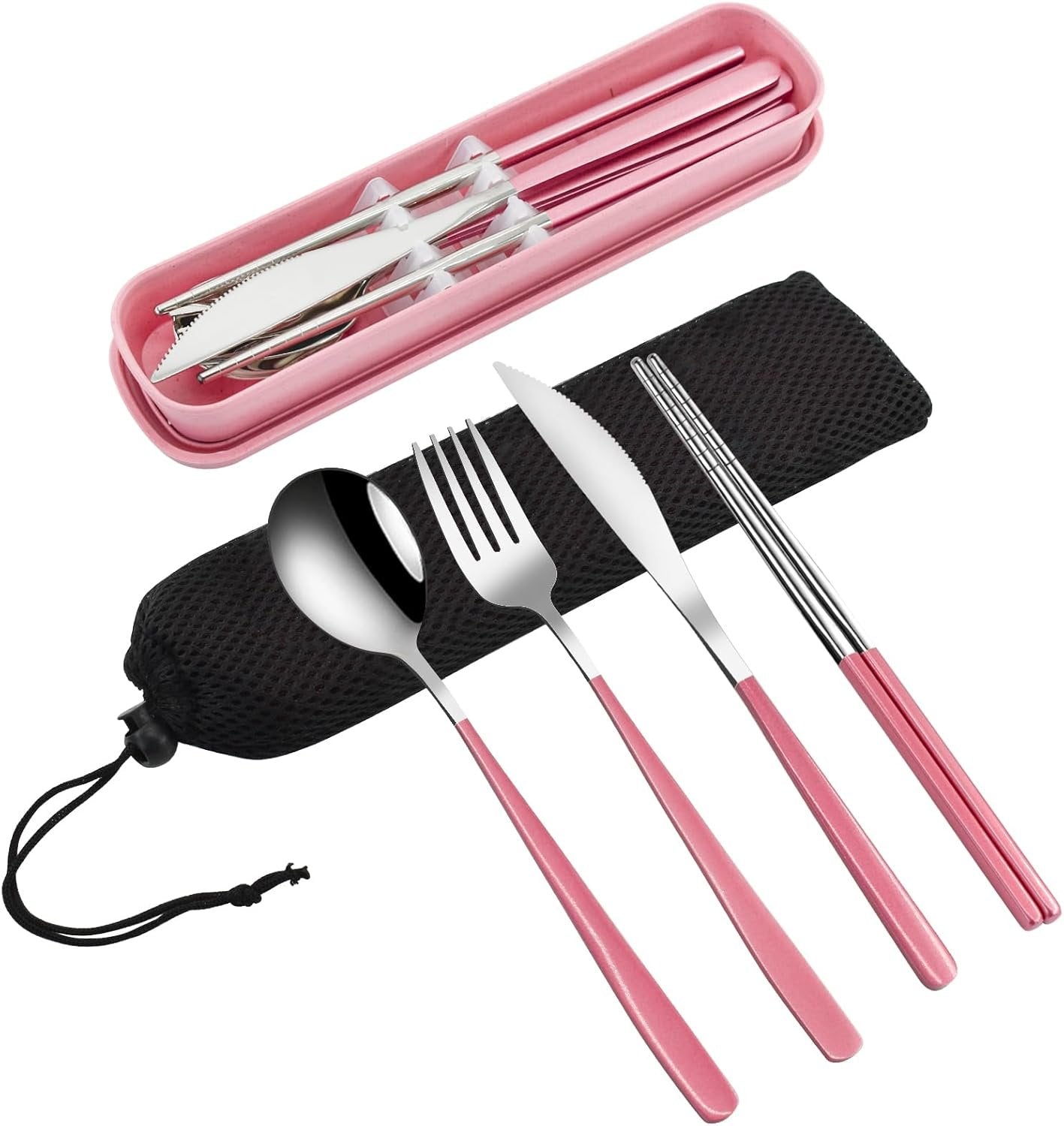 VANRA 4-Piece Portable Travel Utensils Set with Case 18/8 Stainless Steel Flatware Set Reusable Cutlery Set with Fork Spoon Knife Chopstick for Lunch Travel (Pink, Fork Spoon Knife Chopstick)