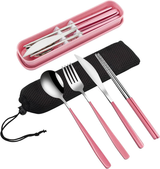 VANRA 4-Piece Portable Travel Utensils Set with Case 18/8 Stainless Steel Flatware Set Reusable Cutlery Set with Fork Spoon Knife Chopstick for Lunch Travel (Pink, Fork Spoon Knife Chopstick)