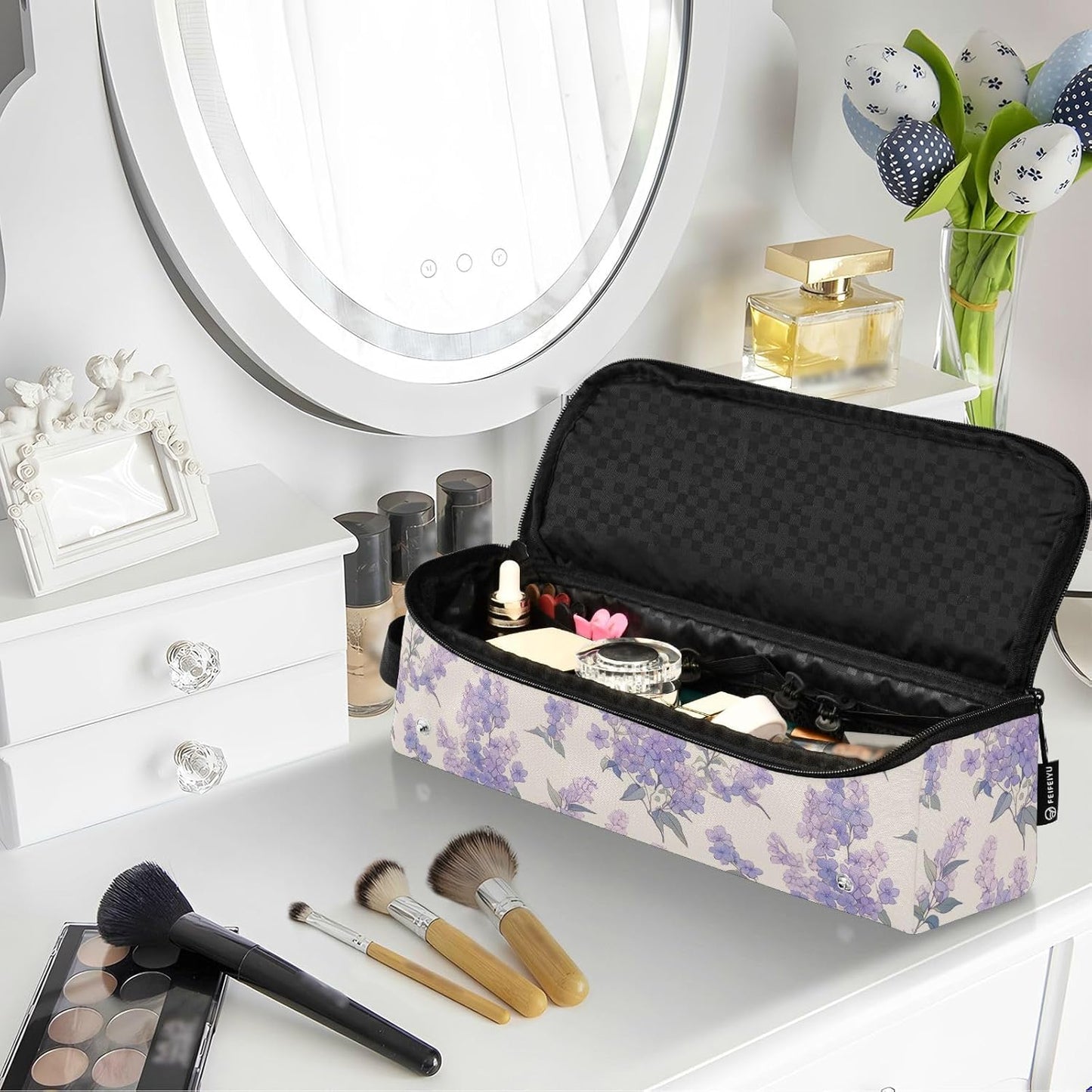 FRODOTGV Organizzatore 2 in 1 per strumenti per capelli viola chiaro con tappetino in ferro, organizer per piastre per capelli di grande capacità, organizer per strumenti caldi e accessori per la cura