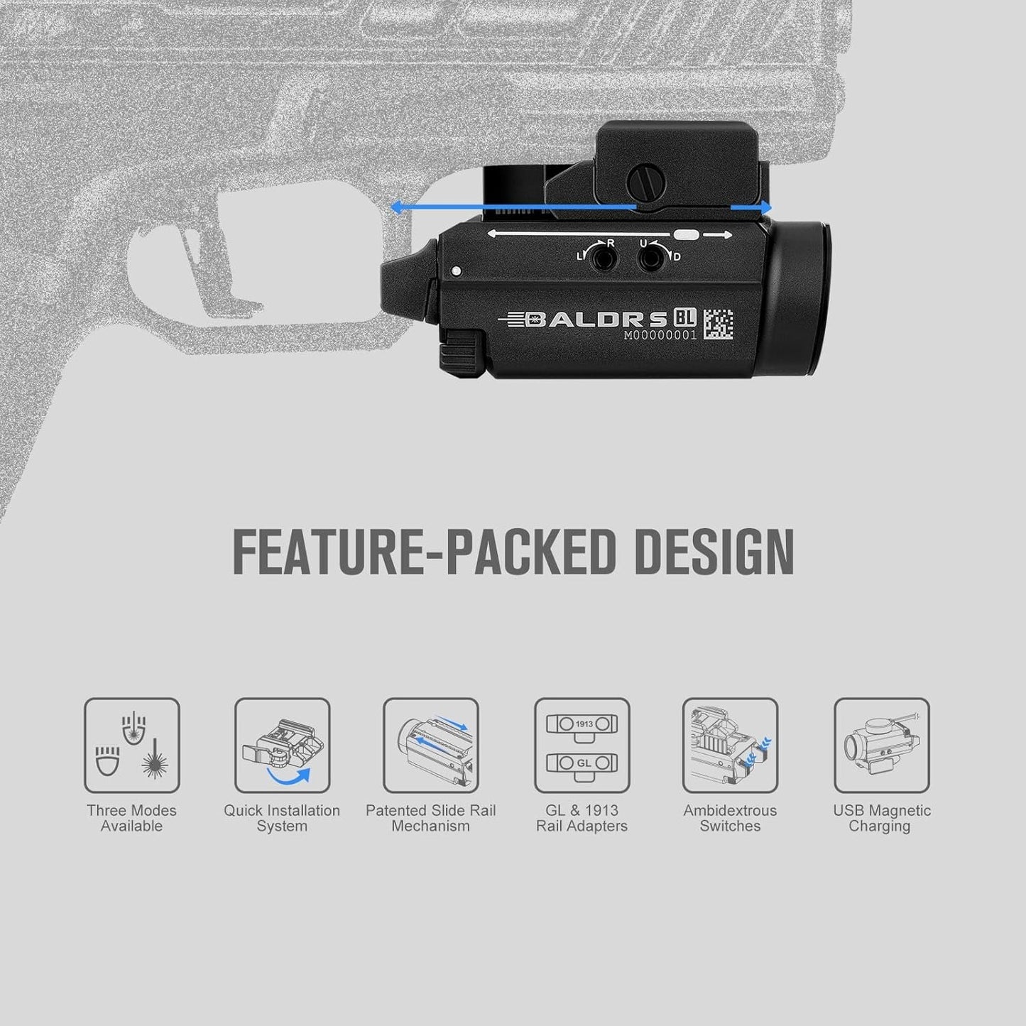 OLIGHT Baldr S BL 800 Lumens LED Rechargeable Tactical Flashlight, Compact Rail Mounted Light with Blue Beam and White LED Combo, Flashlight Compatible with 1913 or GL Rail (Black)