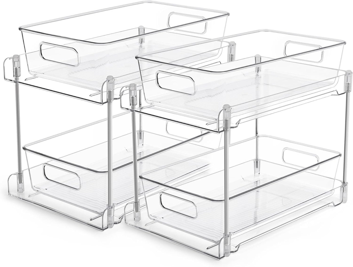 2 Tier Bathroom Storage Organizer, Vtopmart 2 Pack Clear Under Sink Organizers Vanity Counter Storage Container, Medicine Cabinet Drawers Bins, Pull-Out Organization with Track for Pantry, Kitchen