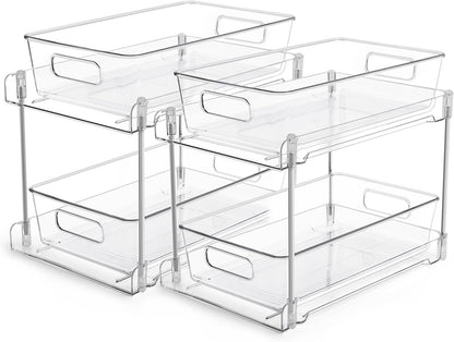 2 Tier Bathroom Storage Organizer, Vtopmart 2 Pack Clear Under Sink Organizers Vanity Counter Storage Container, Medicine Cabinet Drawers Bins, Pull-Out Organization with Track for Pantry, Kitchen