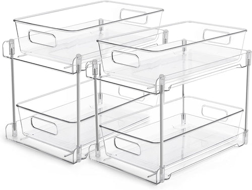 2 Tier Bathroom Storage Organizer, Vtopmart 2 Pack Clear Under Sink Organizers Vanity Counter Storage Container, Medicine Cabinet Drawers Bins, Pull-Out Organization with Track for Pantry, Kitchen