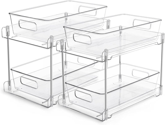 2 Tier Bathroom Storage Organizer, Vtopmart 2 Pack Clear Under Sink Organizers Vanity Counter Storage Container, Medicine Cabinet Drawers Bins, Pull-Out Organization with Track for Pantry, Kitchen