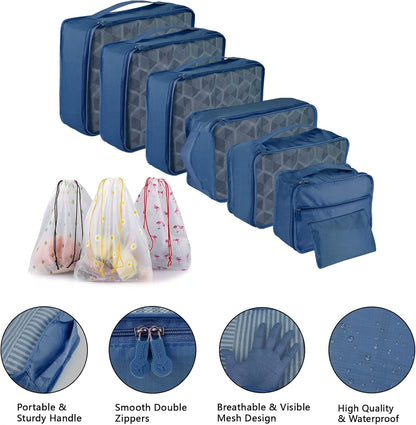 Sciphylia Luggage Organizer Suitcase Organizer Set of 10 Waterproof Travel Organizer Bags Travel Packing Cubes Useful Accessories for Cosmetic Clothes Shoes Underwear Navy Blue